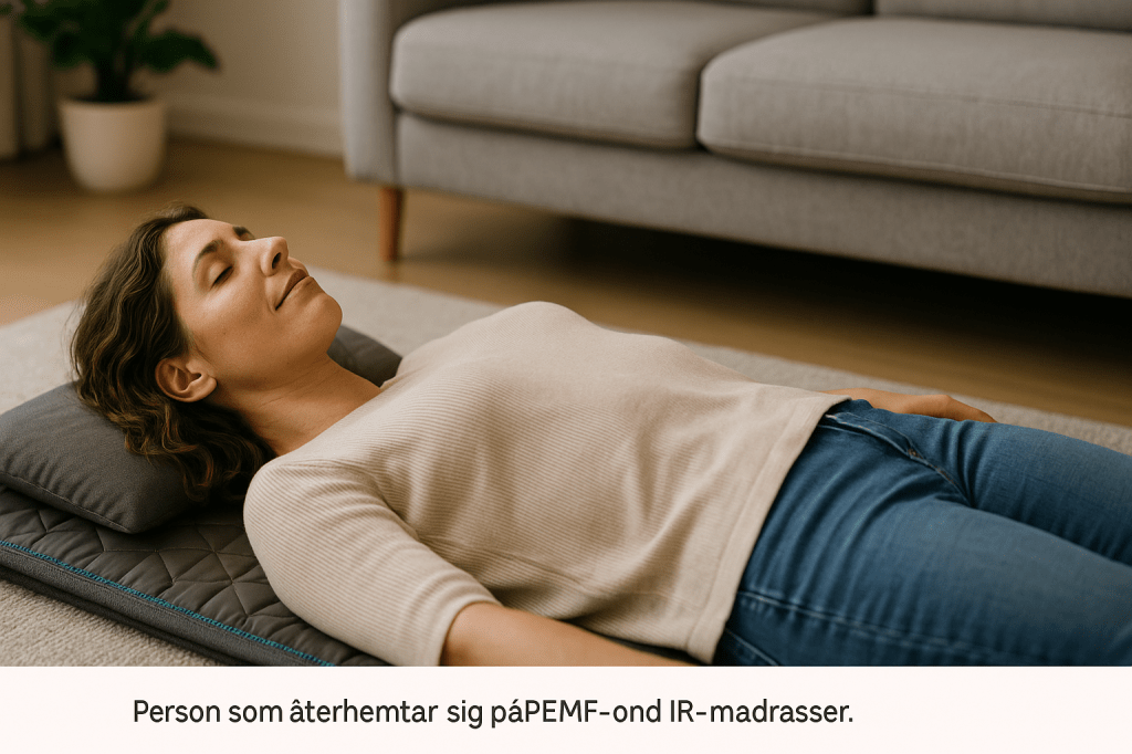 Person som återhämtar sig på PEMF- och IR-madrass.